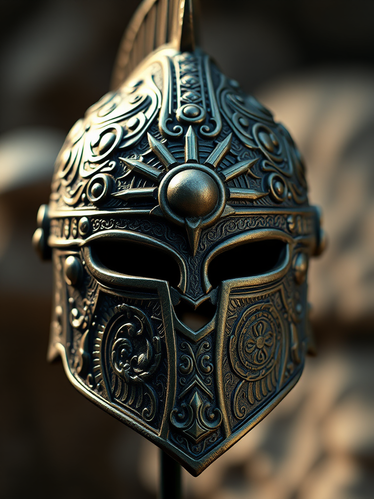 Create a highly detailed digital rendering of an intricate, stylized helmet with ornate patterns and a sun motif, captured with a DSLR camera at f/8, ISO 100, 1/200s, using a macro lens to emphasize texture and detail, framed against a soft-focus background for depth.