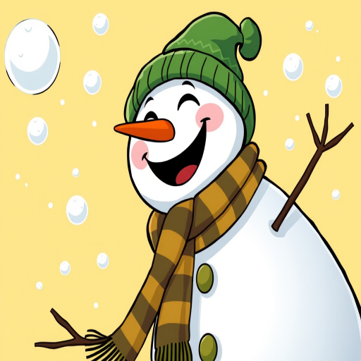 Illustrate a cheerful snowman wearing a green hat and striped scarf, playfully tossing snowballs, with a soft yellow background, captured with a DSLR camera at f/4, ISO 100, 50mm lens, in a vibrant cartoon style.