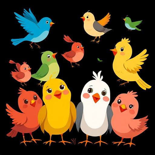Create a vibrant illustration of whimsical cartoon birds in various colors and poses on a black background, using a DSLR camera with a 50mm lens, aperture set to f/2.8, ISO 200, and soft lighting to enhance colors and details in a bright, playful style.