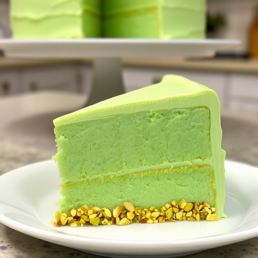 A slice of light green cake with a smooth green frosting and crushed pistachios on the base placed on a white plate with a blurred background of a cake stand and a kitchen setting.