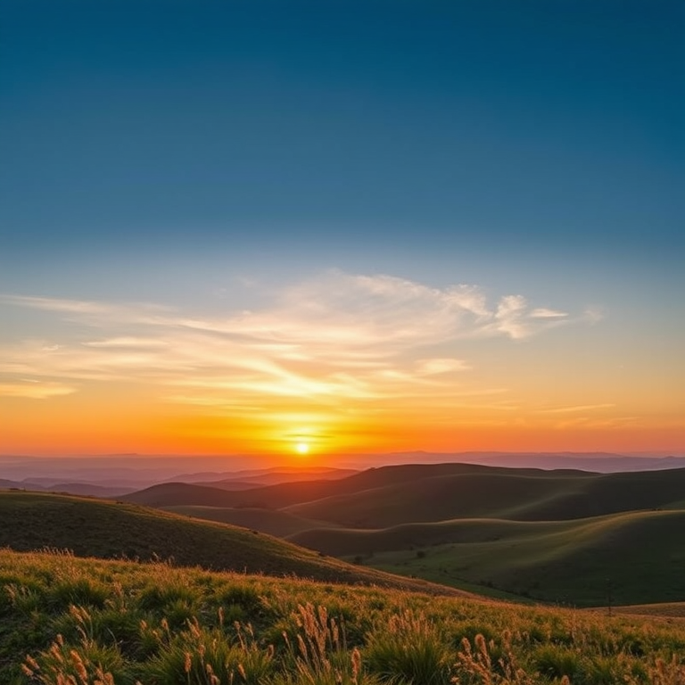 Create a high-resolution image of a serene landscape featuring rolling hills and a sunset sky, captured with a DSLR camera at a focal length of 50mm, aperture set to f/8, ISO 100, and a wide view perspective.