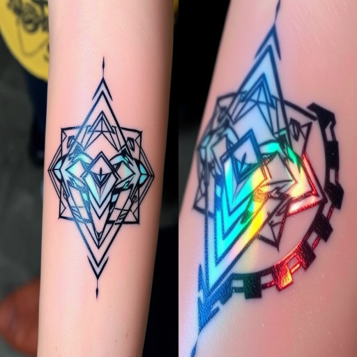 Holographic foil tattoo named "Prismatic Shift" designed to mimic the iridescent properties of holographic materials, featuring geometric shapes and abstract patterns that appear to change color and dimension as the viewing angle shifts