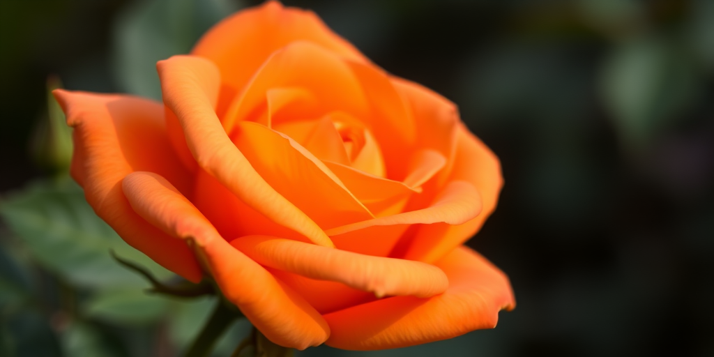 Capture a close-up of a vibrant orange rose with soft petals, shallow depth of field, using a DSLR camera with a 50mm f/1.8 lens, aperture set to f/2.8, ISO 100, and natural lighting for enhanced details and color richness.