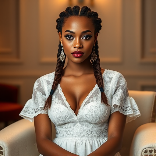 Create a portrait of a refined and elegant Fijian woman seated in a sophisticated setting. She has long, wavy hair styled in two thick braids that are pulled over her shoulders. She wears a white, lace gown with intricate patterns, featuring a deep V-neckline and short sleeves. The dress exudes a vintage charm with its delicate lacework. She is adorned with ornate, dangling earrings that add a touch of glamour to her appearance. The background is softly lit, with warm, ambient lighting that creates a cozy and inviting atmosphere. Her expression is poised and serene, capturing a sense of grace and elegance.