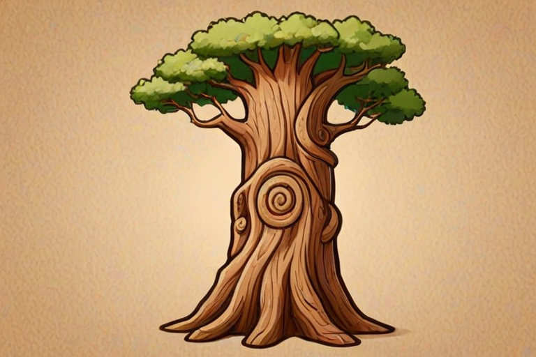 create a cartoon-style illustration of a tall, textured wooden tree trunk with a spiral knot, featuring wavy lines and a brown color, set against a plain background