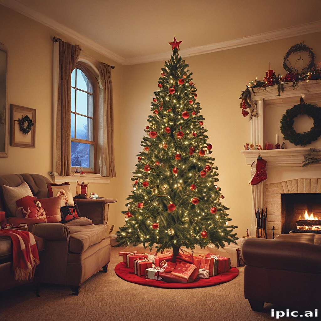 Cozy Living Room with a Beautifully Decorated Christmas Tree and Gifts