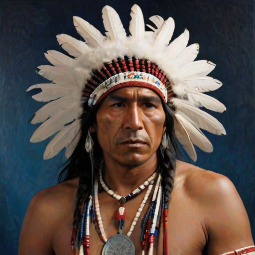 Create a dignified portrait of a Native American man dressed in traditional attire. He wears a beautifully crafted headdress adorned with white feathers and red beads, along with a beaded headband featuring intricate patterns. His clothing includes a deep blue, patterned shirt and a traditional chest piece with detailed beadwork. His arms are crossed, displaying leather armbands decorated with feathers. The background is simple and neutral, emphasizing his proud and stoic expression. The overall image captures the rich cultural heritage and strength of his persona.