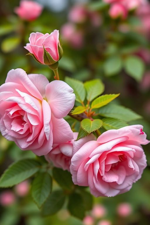 high-resolution image of pink roses on a branch with vibrant green leaves, taken with a macro lens at f/2.8 aperture, 1/200 sec shutter speed, ISO 100, natural light, side view, DSLR camera