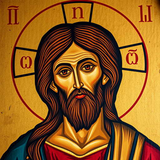 Regenerate an image of a Byzantine icon depicting Jesus Christ, using a DSLR camera with a 50mm lens, aperture f/1.8, ISO 100, natural lighting, and a slight vignette effect for depth.