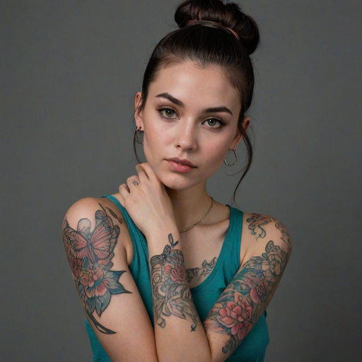 A portrait of a young woman with long dark hair tied up in a bun, with pink streaks, and intricate shaved designs. She is wearing a teal tank top and has a large butterfly tattoo across her chest and multiple colorful floral tattoos on her arms. The woman is looking off to the side, slightly tilted, her right arm is crossed over her chest, and her left hand is resting on her upper arm. The lighting is soft and warm, highlighting the details of the tattoos. The background is a simple, dark gray, providing a neutral backdrop for the subject. The photo has a natural, relaxed feel and a slightly artistic, moody atmosphere.  She is wearing several silver rings and bracelets on her arms, and a pair of long silver dangle earrings with red accents.  Her face is slightly shadowed, giving a soft and alluring feel.  The composition is centered on the woman, who is positioned against a dark background, the emphasis is on her tattoos and the subtle expression on her face.