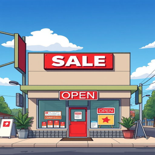Create a cartoon-style illustration of a store with a bright red sale sign, large open sign, and clear blue sky in the background, shot with a Canon EOS R5 at f/8, ISO 100, 24mm focal length, in a wide-angle view to emphasize the storefront and surroundings.