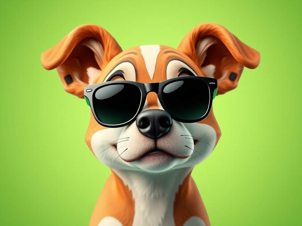 Create a high-resolution image of a cartoon dog wearing stylish sunglasses, set against a vibrant green background, using a DSLR camera with a 50mm lens, aperture f/1.8, ISO 200, and capturing from an eye-level perspective.