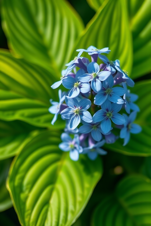 Create a high-resolution botanical illustration of a hosta plant with blue flowers and lush green leaves, using a macro lens, f/8 aperture, ISO 100, soft natural lighting, and a focus on vibrant colors and fine details, captured from a slight diagonal angle.