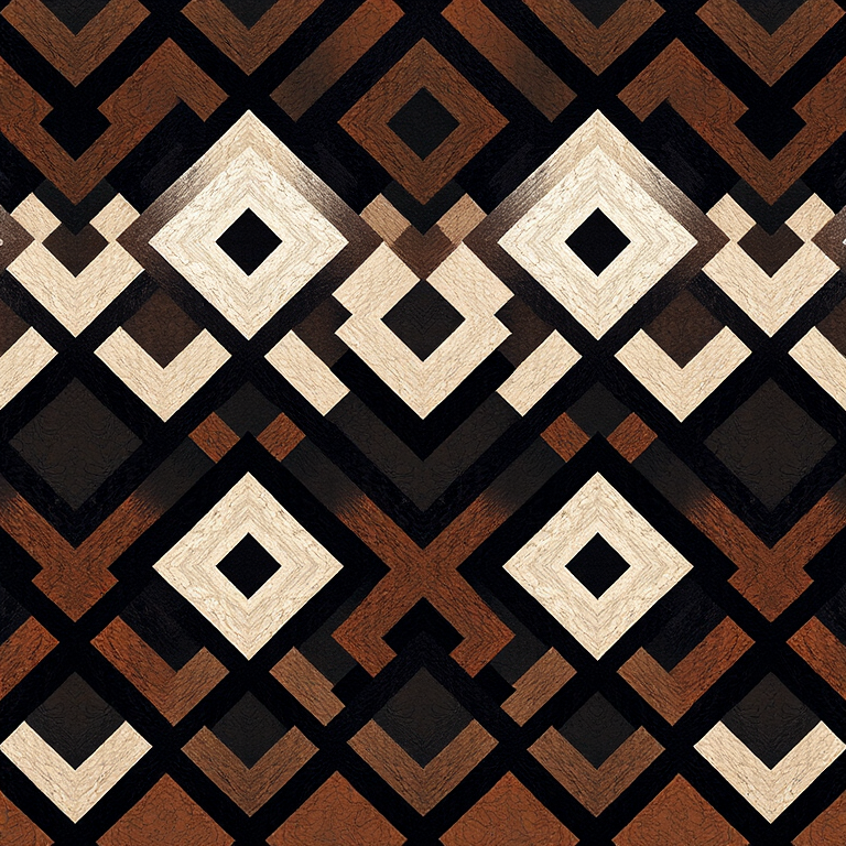 generate a geometric pattern of alternating diamond shapes in black, white, and brown tones, using a DSLR camera with a 50mm lens at f/2.8, ISO 100, shot from an overhead view to enhance texture and details.