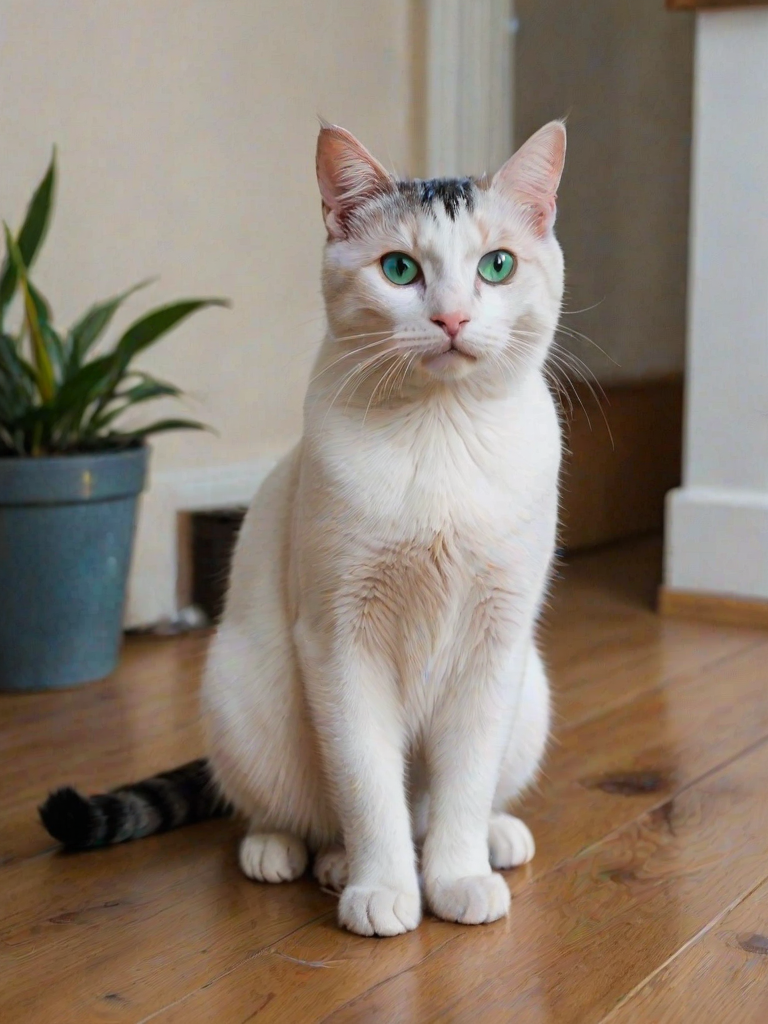 with its eyes slightly narrowed and its mouth slightly open, adding to its alert and attentive demeanor. The cat is sitting on a surface that appears to be a table or desk, piercing blue, round green eyes and a pink nose, ucat, A photograph captures a white and black cat sitting on a wooden floor in a cozy room. The cat has large