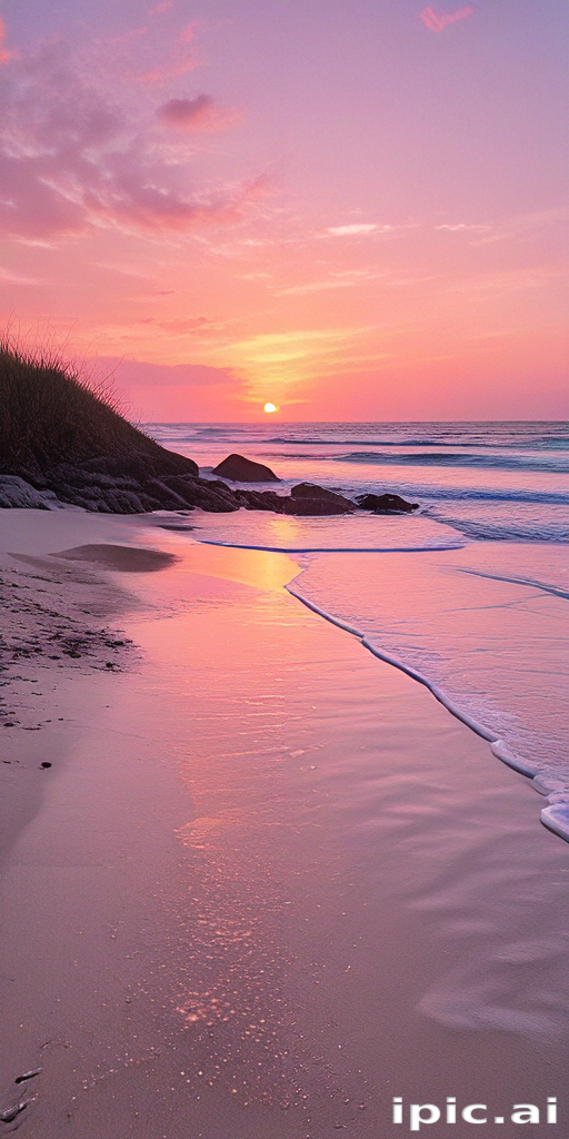 Serene Sunset Over Tranquil Beach with Gentle Waves and Soft Sand