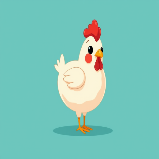 Create a cute cartoon chicken character with a round body, small wings, a red comb, and orange feet on a solid teal background, using a Canon EOS R5, 50mm lens, aperture f/1.8, ISO 100, and a soft focus style.