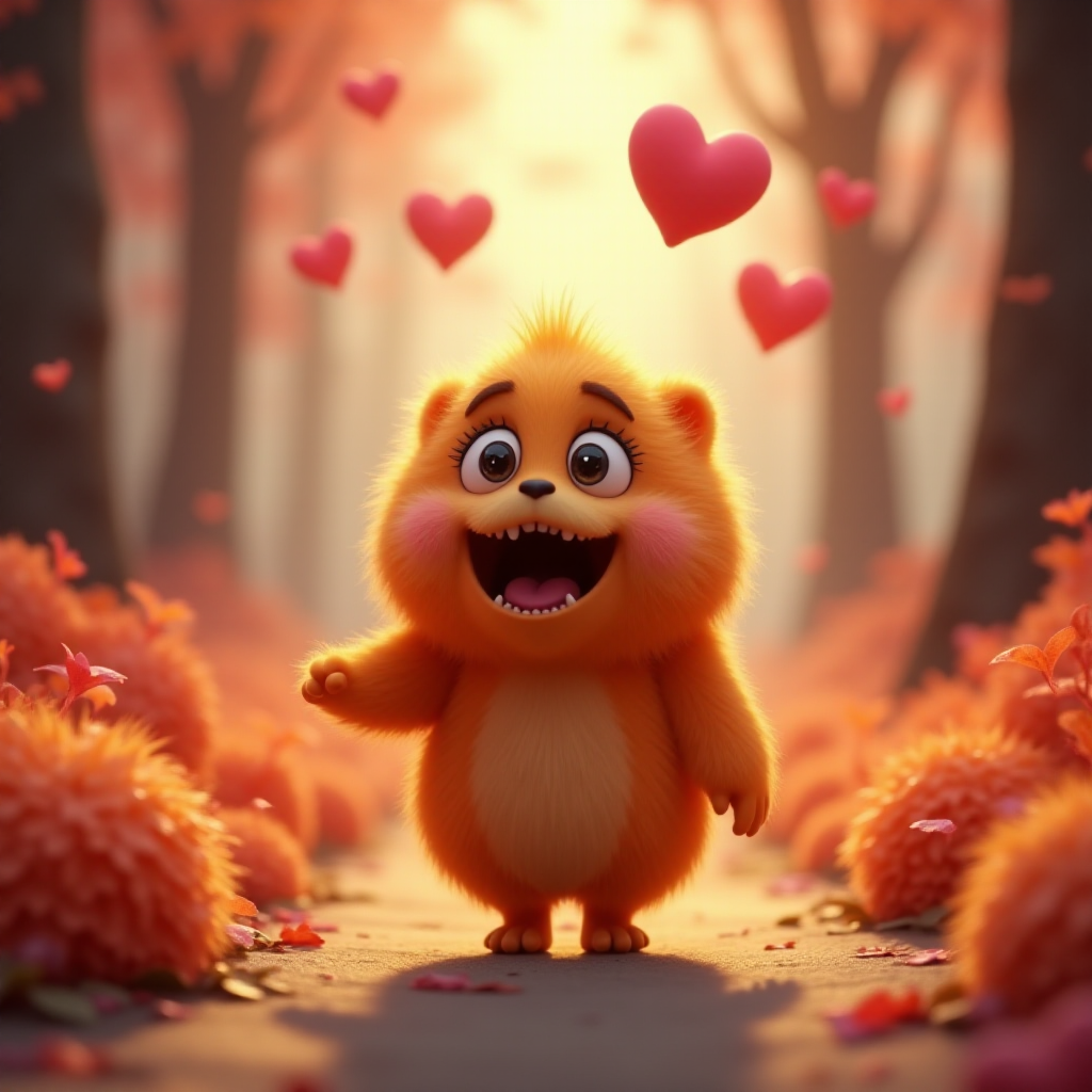 A fluffy orange creature with large eyes and a wide open mouth stands on a path in a whimsical forest, bright pink and red hearts float through the air, the creature has a surprised expression, the light is warm and soft, photorealistic, digital art, 3D style