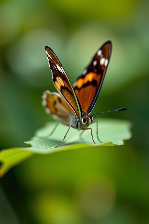 Capture a close-up of a butterfly resting on a green leaf with a shallow depth of field, using a Canon EOS 5D Mark IV camera, 85mm lens, aperture f/2.8, ISO 200, natural lighting, and a soft bokeh background to enhance details and colors.