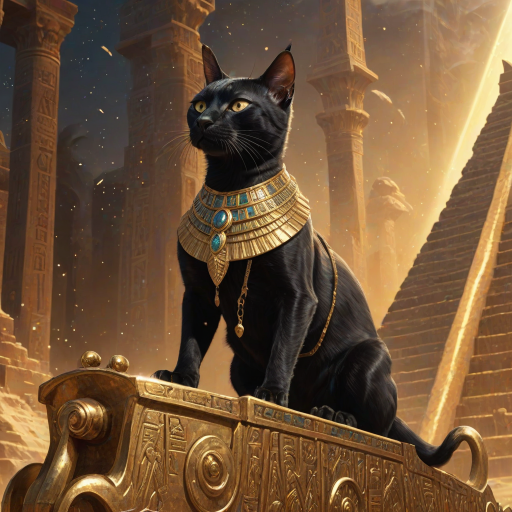 award winning digital illustration, surrealism, closeup sideview of a (ruthless black Egyptian Pharaoh cat:1.25) riding a golden chariot in an ancient pyramid city, exuding authority and dominance over terrified human slaves in the background, rich dramatic lighting, gleaming mirrored reflections, intricate textures, glowing dust, god rays,  highly detailed art <lora:MJ52:0.8> <lora:add-detail-xl:0.8>