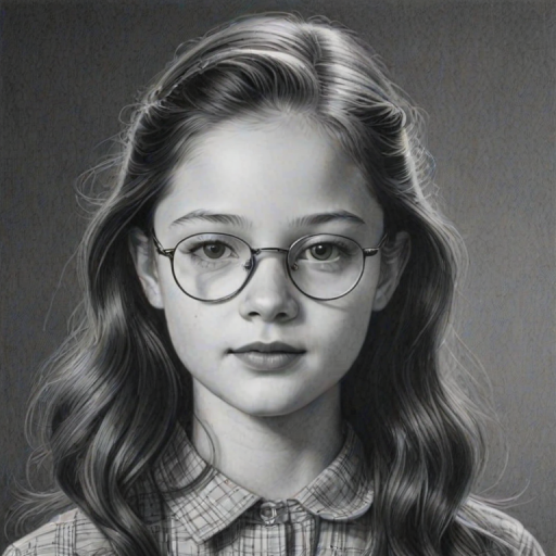 Radiant Mackenzie Foy, pencil sketch, portrait of Comely woman 1939s in glasses, hair style beatnik, outline, clear lines, fine lines, 8k