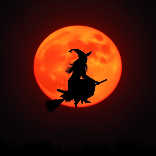 Double exposure, a silouette of a witch on a broomstick centered in the middle of an blood orange full moon.  Any suggestions on getting a good image of a witch on a broomstick centered in the middle of an blood orange full moon.  I tried different generators and changed the wording around.