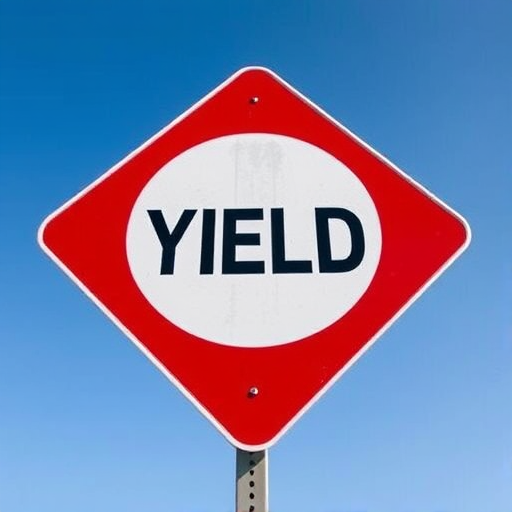 Generate a high-resolution image of a yield traffic sign featuring a red triangular border and a white interior, capture with a DSLR camera at f/8 aperture, 1/200 sec shutter speed, ISO 100, shot from a low angle to emphasize the sign against a clear blue sky, using a wide-angle lens for a crisp perspective.