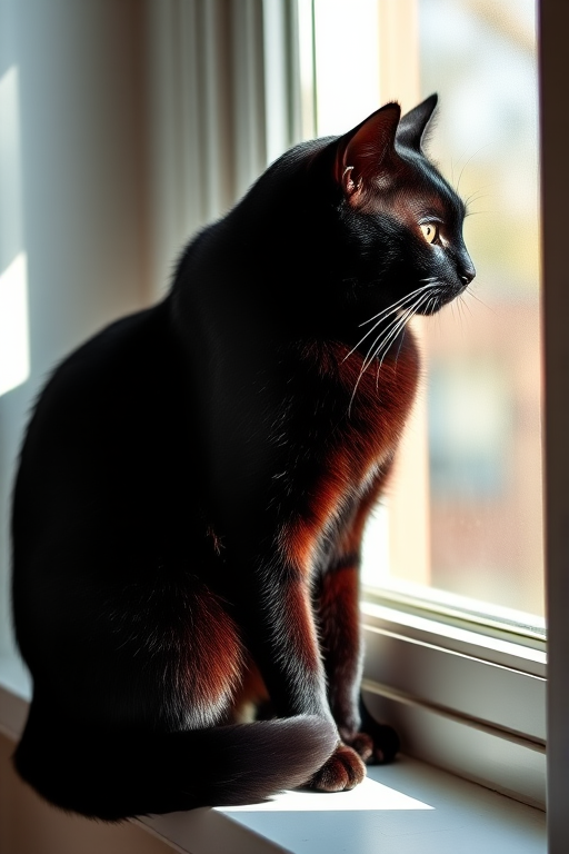 Generate a high-resolution image of an elegant black cat sitting gracefully on a windowsill, natural light streaming through the window, using a DSLR camera with an aperture of f/1.8, ISO 100, and a focal length of 50mm to capture fine details and a soft background blur.