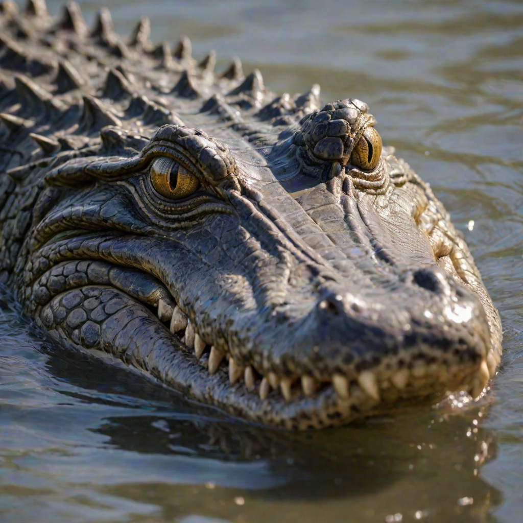 a close-up of a crocodile's head partially submerged in water, showcasing its textured skin and piercing eyes, with a blurred natural background