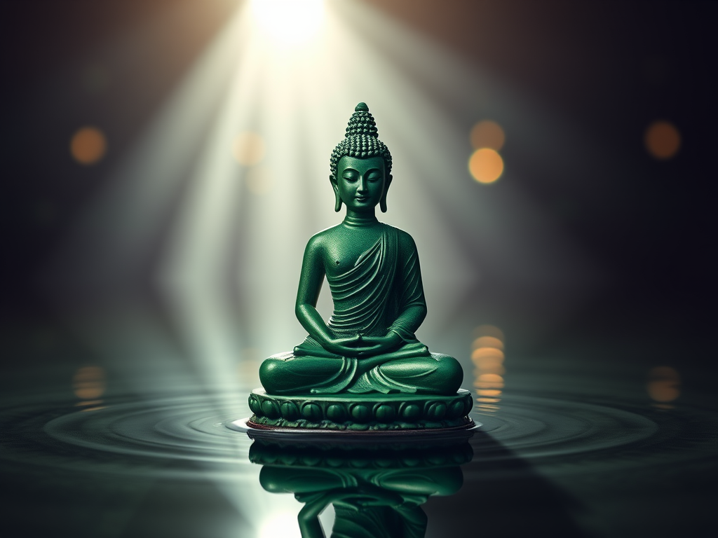 Create an image of a green Buddha statue sitting in a serene pose on a reflective water surface, with soft glowing light beams in the background, capture with a DSLR camera, aperture f/2.8, ISO 100, shutter speed 1/60s, wide-angle lens, from a low angle perspective to enhance depth and focus on the statue.
