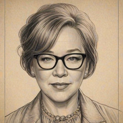 Bewitching Kathy Bates, pencil sketch, portrait of Appealing woman 1922s in glasses, hair style beatnik, outline, clear lines, fine lines, 8k