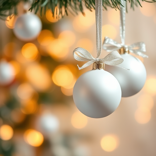 Create a festive background featuring white Christmas ornaments hanging with shimmering ribbons against a soft golden bokeh backdrop, captured with a Canon EOS R5, 50mm lens, f/1.8, ISO 100, shallow depth of field, soft focus.