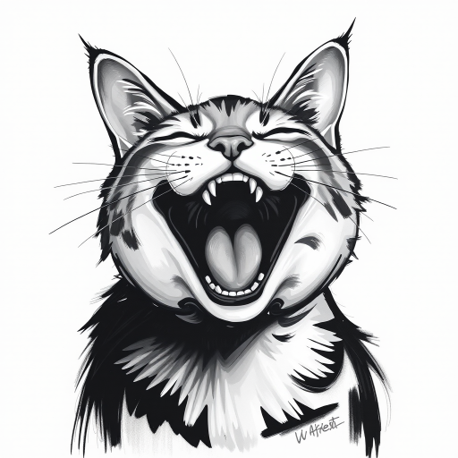 Abstract black and white acrylic portrait of an over exaggerated laughing (cat). Minimalism style. White background.