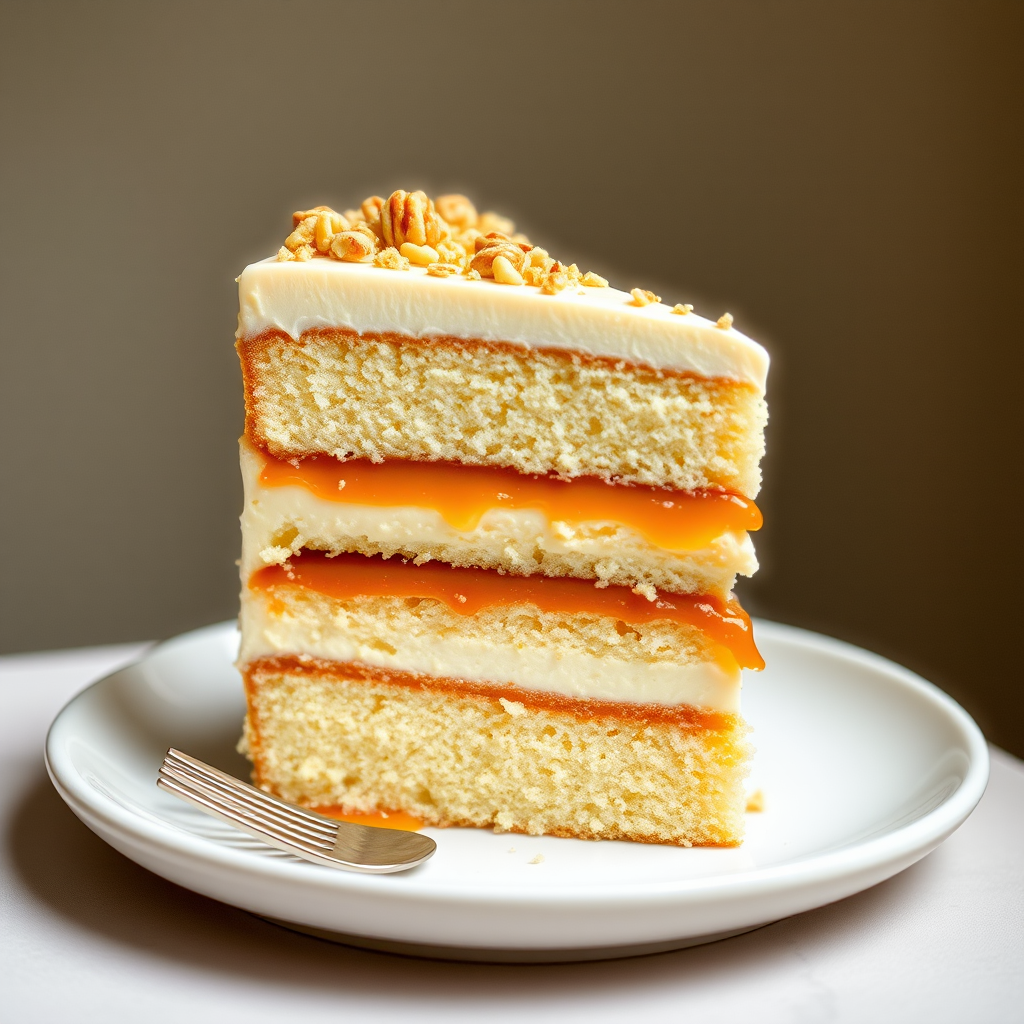 A slice of layered cake on a white plate with a fork beside it featuring alternating layers of fluffy vanilla cake and creamy caramel filling topped with a smooth frosting and sprinkled with crushed nuts in a soft, blurred background.