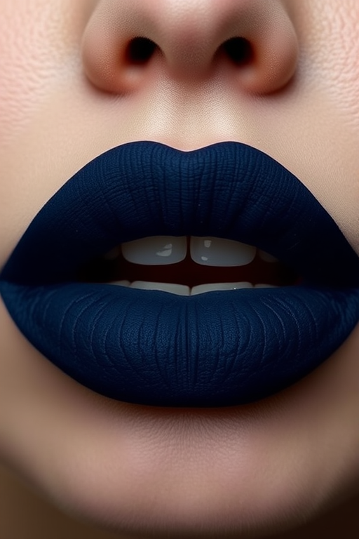 Deep navy blue lips with a suede-like texture, "Midnight Velour" offers a bold and sophisticated look with a soft, touchable finish