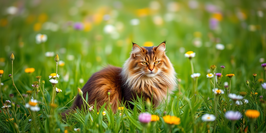 A Maine Coon cat sitting quietly in a lush green meadow filled with wildflowers, captured with a 50mm lens at f/1.8, ISO 200, 1/200s, in natural light with a shallow depth of field to create a soft bokeh effect.