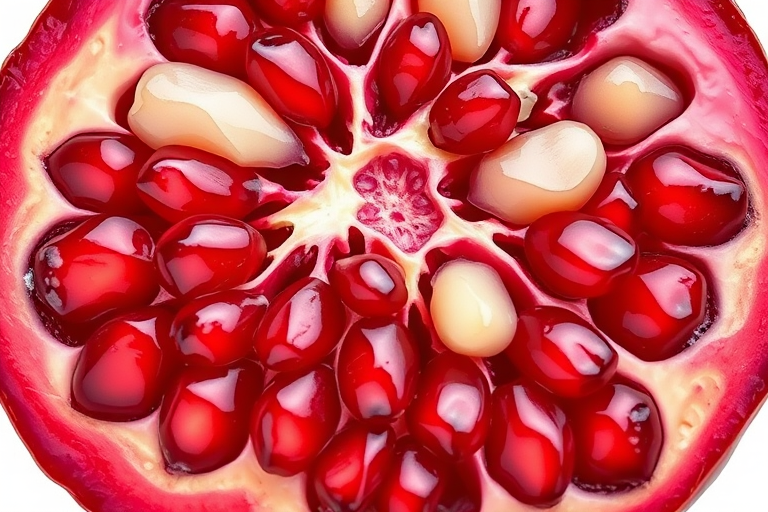 Generate a highly detailed illustration of a pomegranate split in half showing its seeds, with vibrant colors and realistic textures, using a DSLR camera with a 50mm lens, f/1.8 aperture, 1/125 shutter speed, and natural lighting for enhanced clarity.