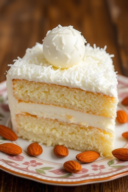 A delicious slice of white cake with layers of creamy filling topped with shredded coconut and a round coconut truffle on top served on a decorative plate with almonds scattered around.