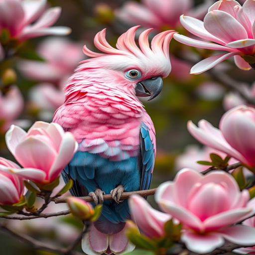 A vivid close-up of a pink and blue cockatoo perched on a branch surrounded by blooming magnolia flowers, with soft bokeh background, taken with a Canon EOS R5, 85mm f/1.4 lens, aperture set to f/2.8, ISO 200, shutter speed 1/200s, in natural light to enhance details and colors.