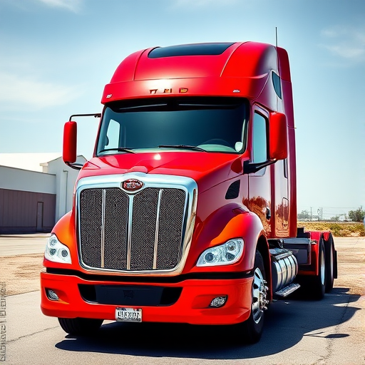 Generate an image of a bright red semi-truck with a sleek design parked on a clear day, captured with a DSLR camera at f/4 aperture, ISO 100, 1/1000s shutter speed, in a three-quarter front view for dynamic perspective.