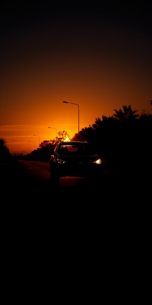 capture a silhouette of a car on a dimly lit road during sunset with dramatic shadows, using a DSLR camera, aperture f/8, shutter speed 1/200s, ISO 200, 35mm lens, shot from a low angle to emphasize shadows and contrast