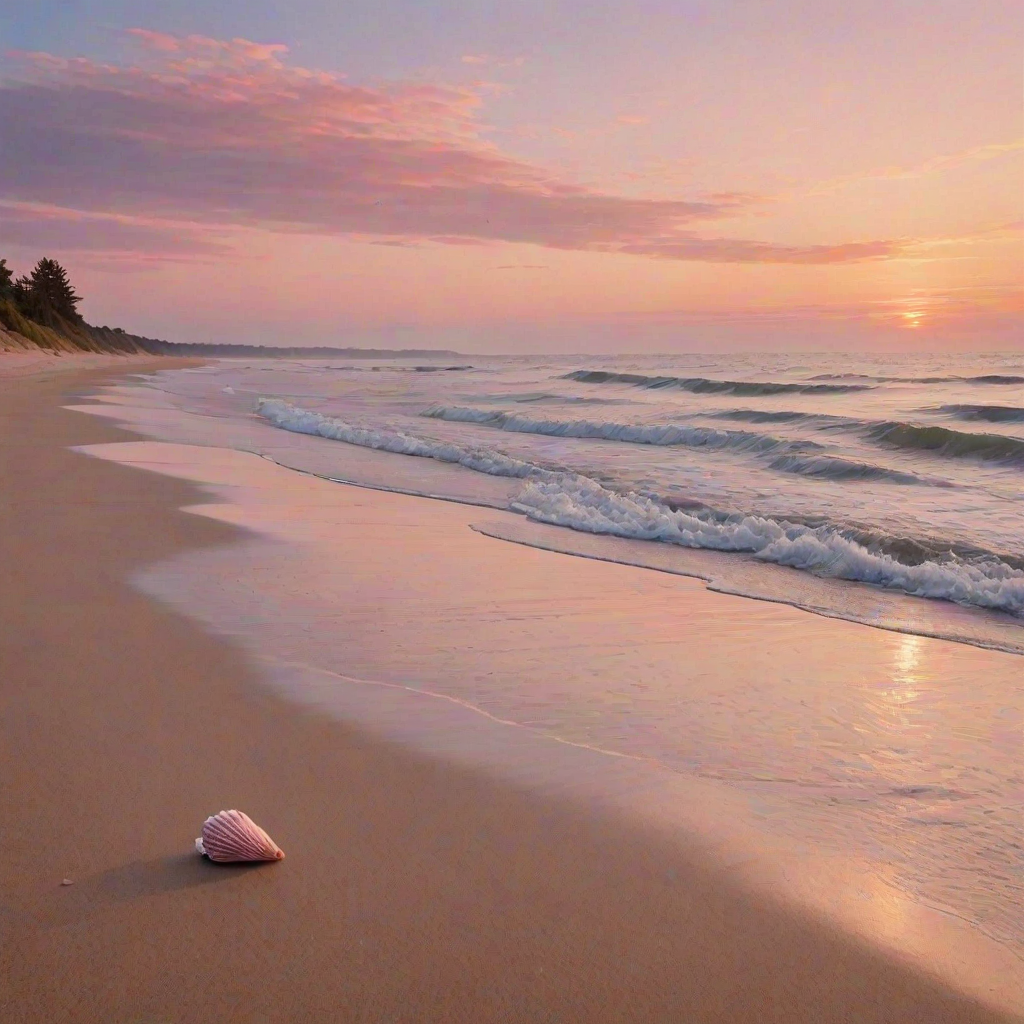 Sharp, high-resolution image of a deserted beach at dawn, soft pink and orange hues painting the sky, gentle waves lapping at the shore, a lone seashell resting on the sand, distant seagulls flying overhead, the peaceful stillness of the early morning captured.
