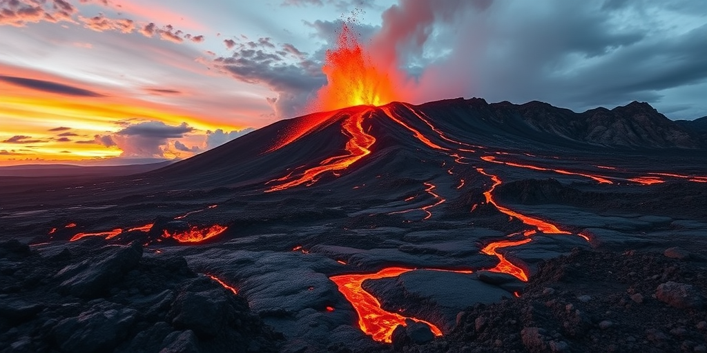 Capture a dramatic volcanic eruption at sunset with vibrant lava flows, using a DSLR camera, 24mm lens, f/8 aperture, ISO 200, 1/125 sec shutter speed, wide-angle view, and a vibrant color profile for enhanced image quality.