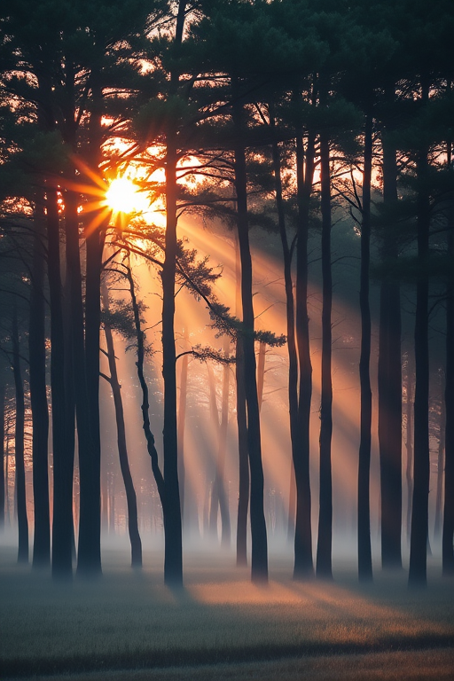 Capture a serene landscape of tall trees in a misty field at sunrise with soft, warm light streaming through the branches, using a Nikon D850, 35mm lens, f/8 aperture, 1/125 sec shutter speed, and ISO 100 for high detail and color richness.