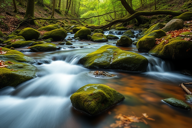 capture a serene forest stream flowing over mossy rocks with soft water cascades, use a Canon EOS 5D Mark IV, set aperture to f/8, shutter speed 1/2 second, ISO 100, in a landscape view, apply a long exposure to create a smooth water effect and enhance the vibrant greens of the moss