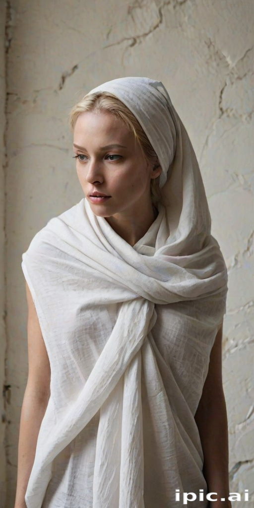 Create a close-up photographic image of the head and torso of a person with light skin tones shown against an old, worn wall. Their head is wrapped in a white cloth covering (i.e.... parts of the head except the nose and mouth, which are open as if they are screaming...), with a slight texture and visible folds in the fabric. Thin strands of blonde hair escape from the wrapping above, falling lightly at the top and sides. Their hands hold the fabric as if they are tugging nervously. The lighting is dramatic and even, casting strong shadows. The image has a minimalist and surreal style with an emphasis on simplicity with soft color tones. The composition is centered.