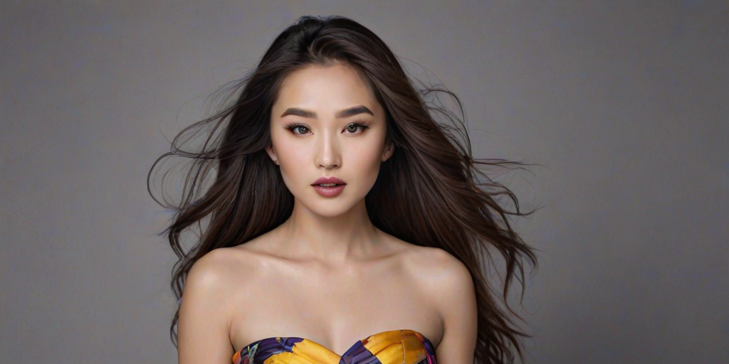 Photographic image of a beautiful young Kazakh woman, brown eyes, lips with Yellow lipstick, long hair fluttering in the wind and wearing a silk strapless dress with a soft purple and orange print. monochrome image with only color highlights in the iris of the eyes, lipstick and dress. Gray background.