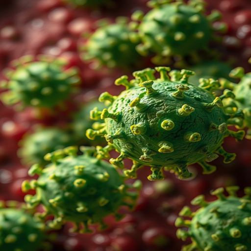 microscopic view of green viruses with detailed textures in a blood-like environment, shot with a macro lens at f/2.8, ISO 100, 1/200s shutter speed, using a Canon EOS 90D with a 100mm macro lens, high-resolution, bright lighting for clarity and contrast.