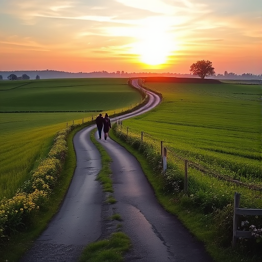 A serene landscape depicting two figures walking along a winding path surrounded by vibrant green fields dotted with flowers under a pastel sunset sky, captured with a DSLR camera at f/2.8, ISO 100, 50mm lens, in a soft focus style.