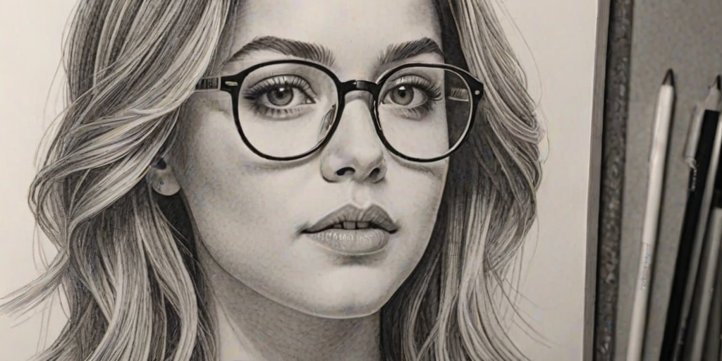 Resplendent Sasha Pieterse, pencil sketch, portrait of Stunning woman 1972s in glasses, hair style beatnik, outline, clear lines, fine lines, 8k